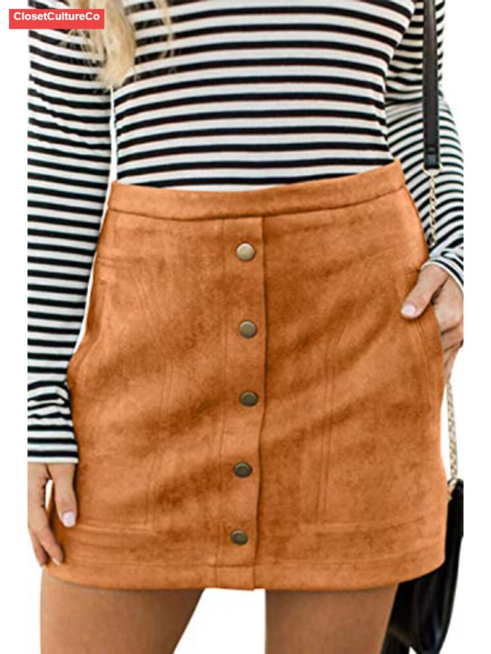 Faux Suede High Waist A-Line Mini Skirt Button Front Pockets